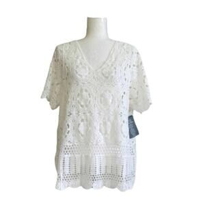 Roamans White French Crochet Short Sleeve Cotton Top Sweater Size 18/20 NEW